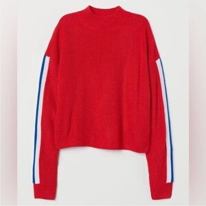 H&M Divided Bright Red Crop Turtleneck Sweater with Blue/White Sleeves - Size XS